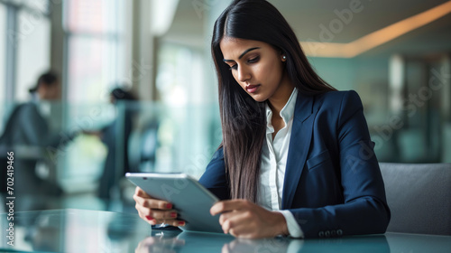Focused woman using a tablet in a modern office