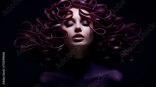 Sinnliches Portrait einer Frau mit violetten Nudeln (Pasta) als Haare. Konzept: Kulinarische Kunst. Surreale Illustration. 