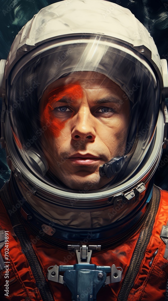 Male astronaut in a helmet close-up before a flight into space, thoughtful smart face of a brave man, space exploration