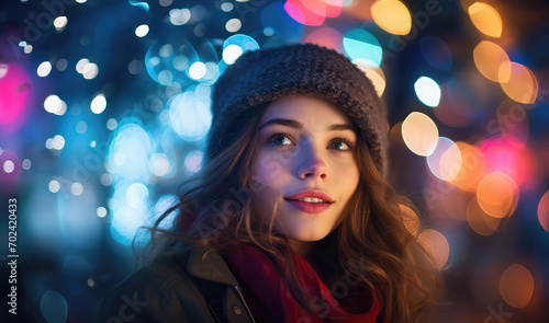 Young woman over multicolored bokeh