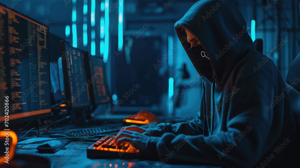 Individual in a hoodie engrossed in work at a computer workstation with multiple screens displaying coding and data analysis, set against a backdrop of glowing red and orange digital graphics