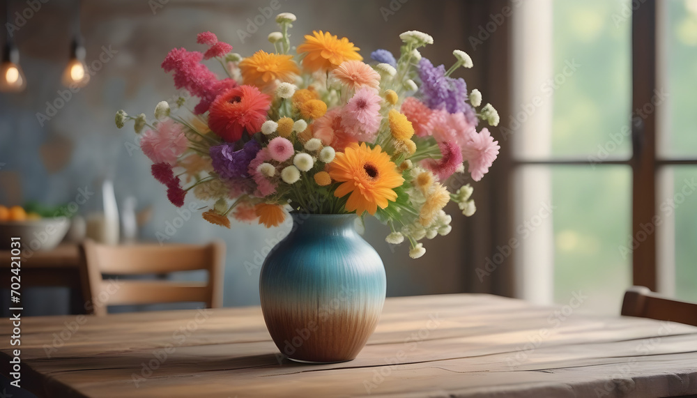 A Burst of Blooms: A Colorful Vase Overflowing with Fresh Flowers on a Rustic Wooden Table. A vase filled with flowers on top of a wooden table A Burst of Blooms: A Colorful Vase Overflowing with Fresh Flowers on a Rustic Wooden Table. A vase filled with flowers on top of a wooden table