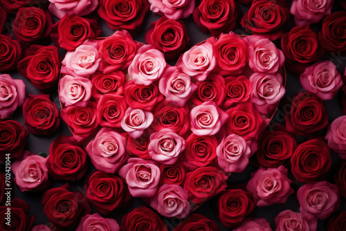 Rose flowers arranged in shape of heart, creating romantic floral masterpiece © spyrakot