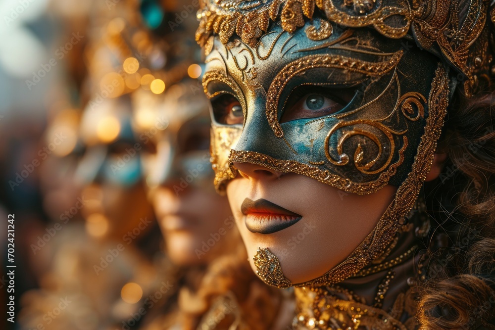people in masquerade carnival mask at Venice Carnival. participants in festive costumes. fantasy-inspired art.