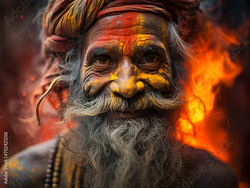 Seasoned elder man with a profound gaze, his face and beard covered in Holi colors