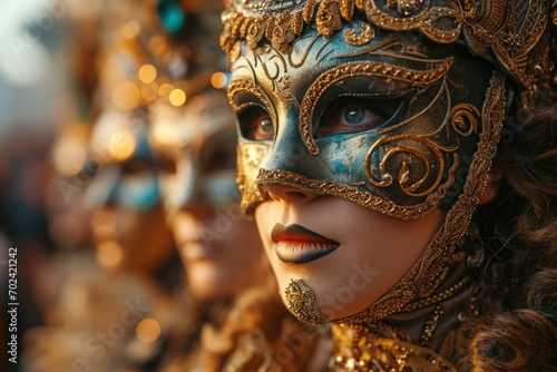 people in masquerade carnival mask at Venice Carnival. participants in festive costumes. fantasy-inspired art. © MaskaRad