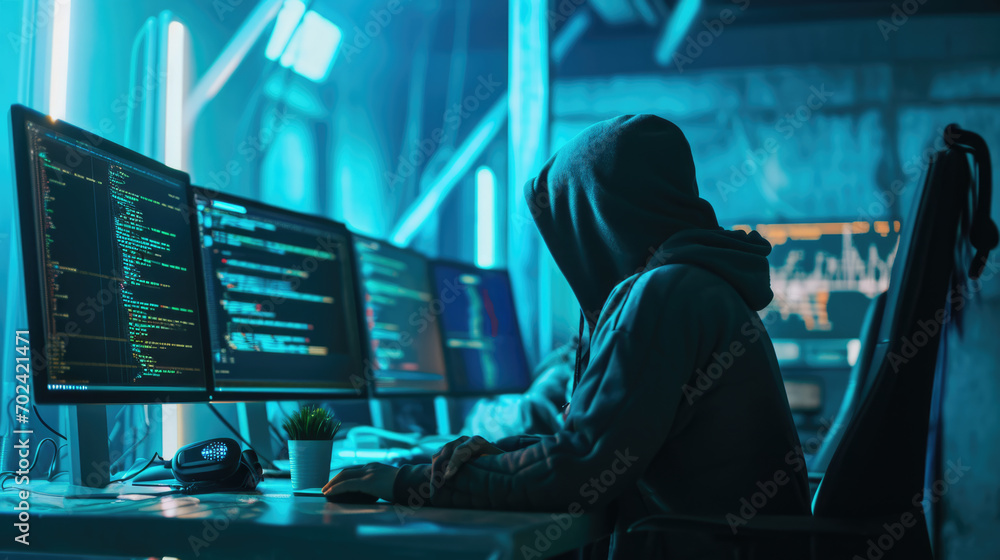Fototapeta premium Individual in a hoodie sitting in front of multiple computer monitors displaying various data visualizations and global network map