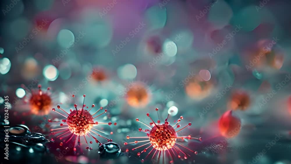 Virus Cells flowing concept. Close-up of dissolving virus under microscope. The flu or SARS-CoV-2 COVID-19 pandemic cure or vaccination concept. Realistic high quality medical 3d animation. Antibodies Virus Cells flowing concept. Close-up of dissolving virus under microscope. The flu or SARS-CoV-2 COVID-19 pandemic cure or vaccination concept. Realistic high quality medical 3d animation. Antibodies