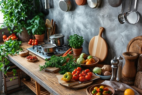 An abundant and vibrant still life of fresh produce, nourishing whole foods, and vegan nutrition adorns the kitchen counter, with pots and tableware adding a touch of natural charm