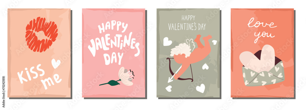 Valentine's Day collection vintage postcard.Funny card set with hand lettering,Cupid with arrows, lips, flower, envelope,heart.Grunge backgrounds with romantic elements.Hand drawn vector illustration.