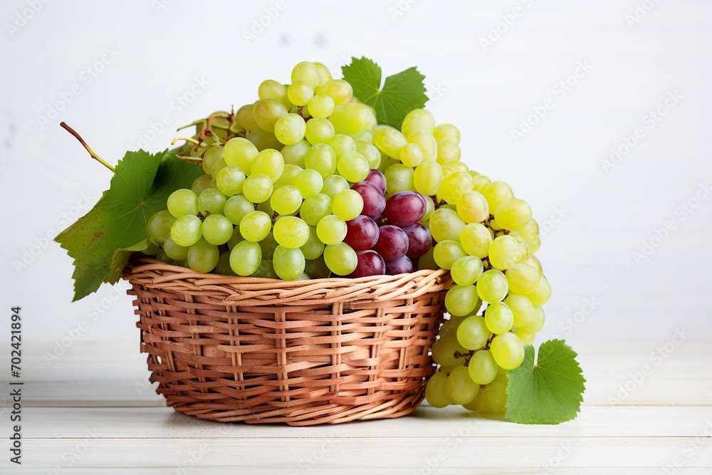 Ripe red and green grapes in basket on wooden table Ripe red and green grapes in basket on wooden table