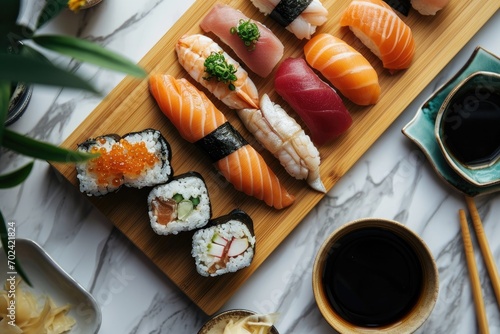 A vibrant platter of japanese delicacies, including glistening slices of salmon sashimi and california rolls, accompanied by a cup of rich soy sauce, served on a traditional tray and ready to be enjo