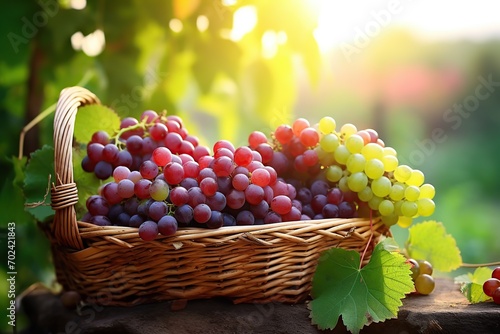 Ripe red and green grapes in basket on vineyard background