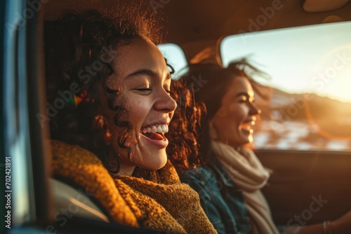 A group of stylish women share a joyous moment in the car, their beaming smiles reflected in the mirror as they bond over laughter and friendship