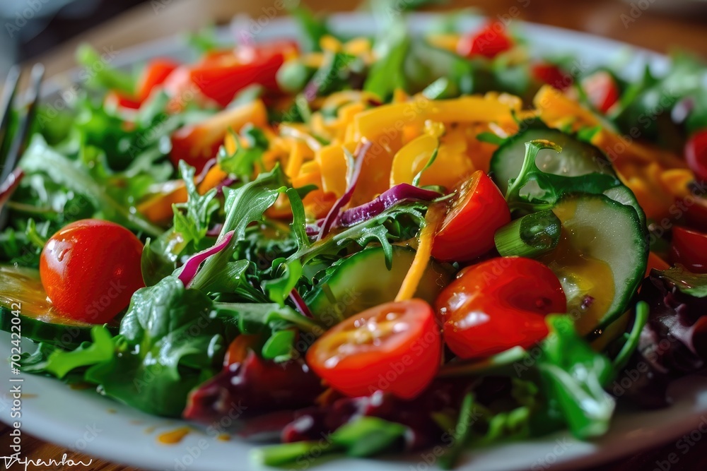 A vibrant garden salad bursting with natural produce and superfood spinach, topped with juicy cherry and plum tomatoes, all served on a stylish plate for a healthy and delicious vegetarian meal A vibrant garden salad bursting with natural produce and superfood spinach, topped with juicy cherry and plum tomatoes, all served on a stylish plate for a healthy and delicious vegetarian meal