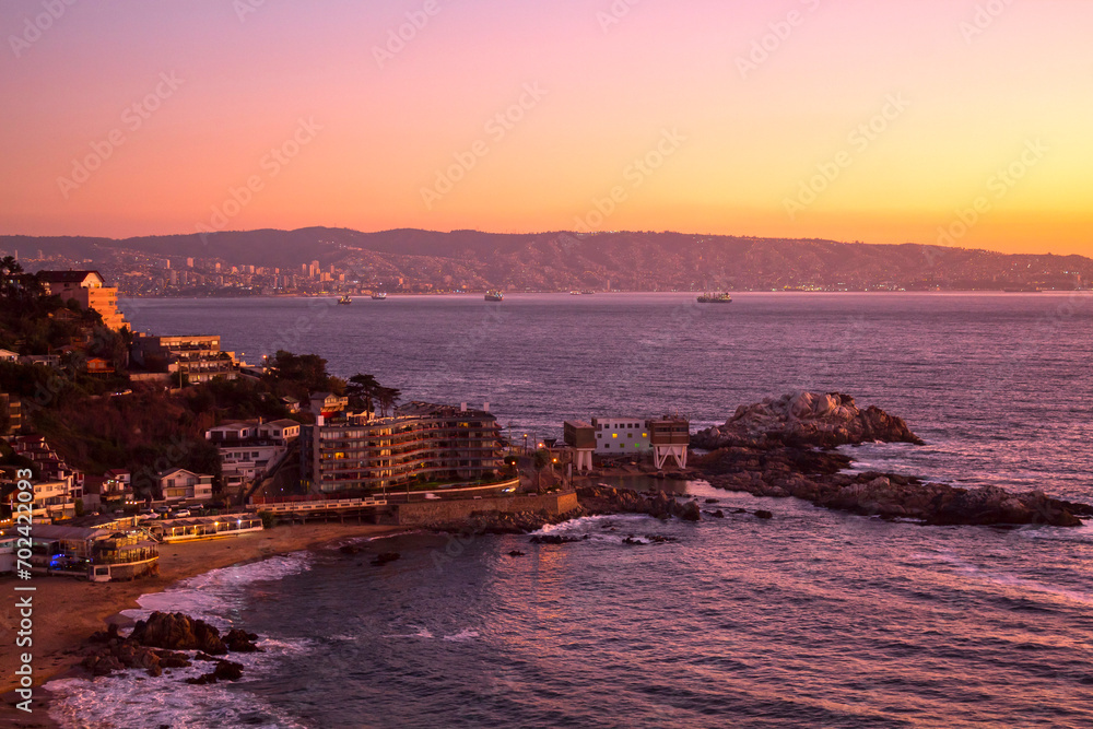 sunset in the city of porto country Vina del Mar, Valparaiso, Chile