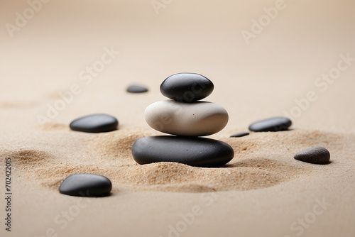 Tranquil Zen Pebbles on Sandy Beach Generative AI