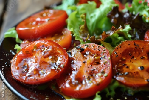 A colorful and vibrant vegetarian salad filled with juicy cherry and plum tomatoes  crisp lettuce  and other fresh produce  showcasing the beauty and nourishment of natural foods