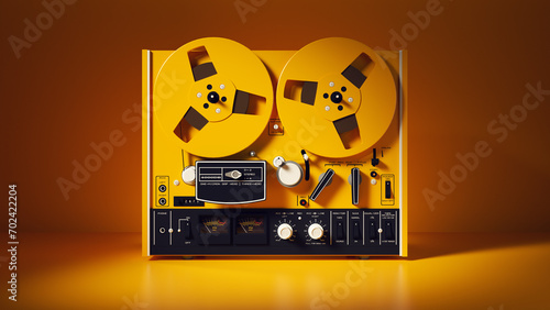 Vintage reel to reel audio analog tape recorder technology equipment yellow orange object 3d illustration render digital rendering photo