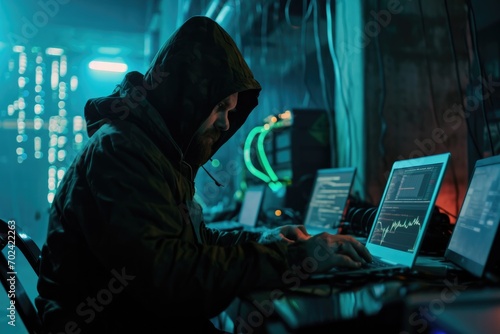 A technologically-savvy individual engrossed in his personal computer, sporting a hoodie and immersed in music, as he uses the laptop indoors