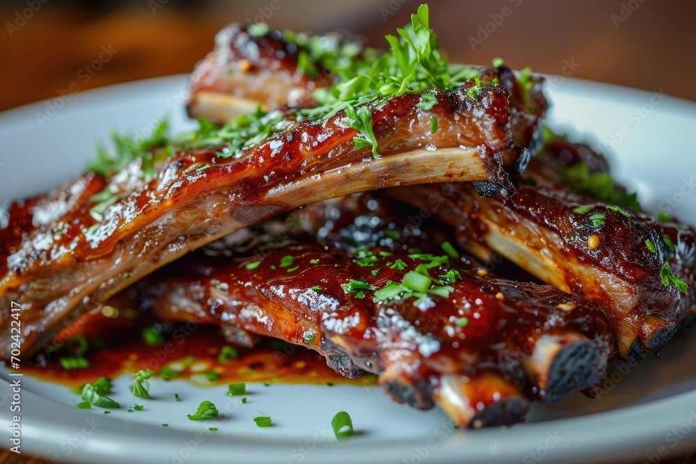 Indulge in a succulent plate of red braised ribs, dripping with teriyaki marinade and topped with vibrant green onions, showcasing the rich and flavorful cuisine of indoor cooking