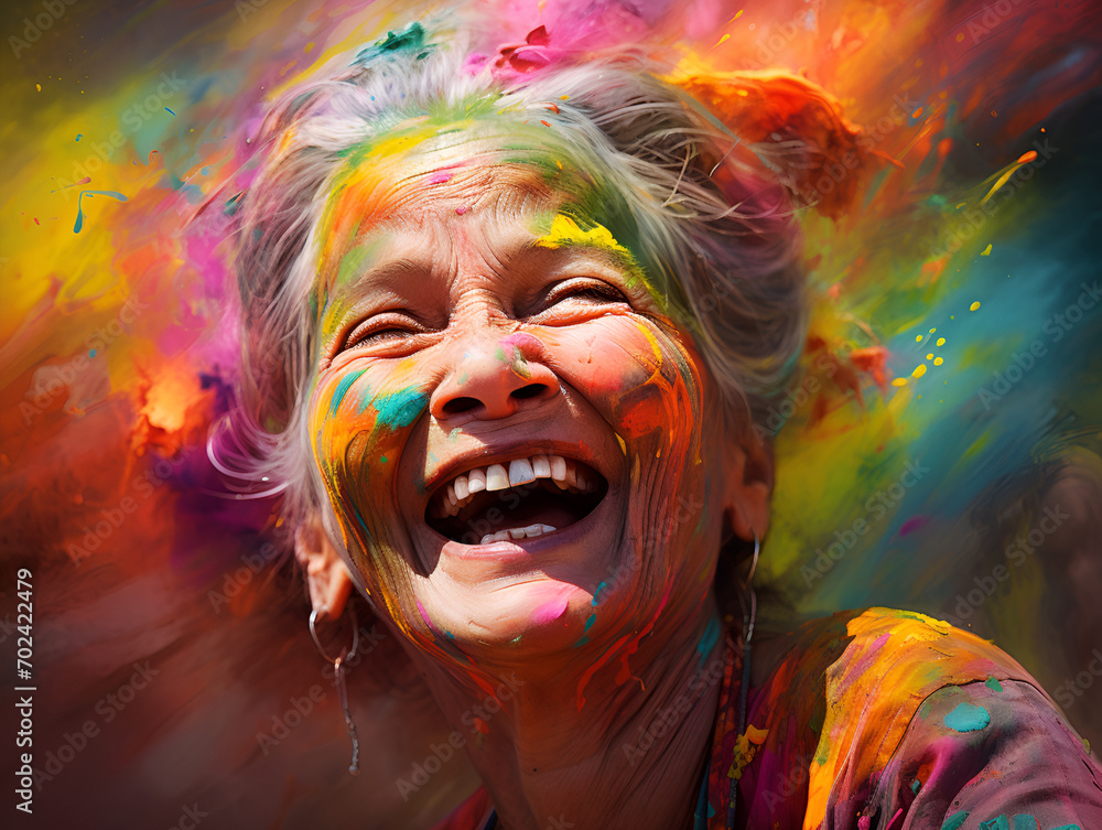 Exuberant elderly woman laughing with her face painted in bright Holi colors, embodying the spirit of the festival.