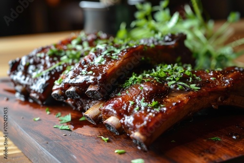 A savory dish of tender ribs coated in a rich teriyaki and babi panggang sauce, topped with fragrant herbs and served on a rustic wooden surface with a side of vibrant broccoli