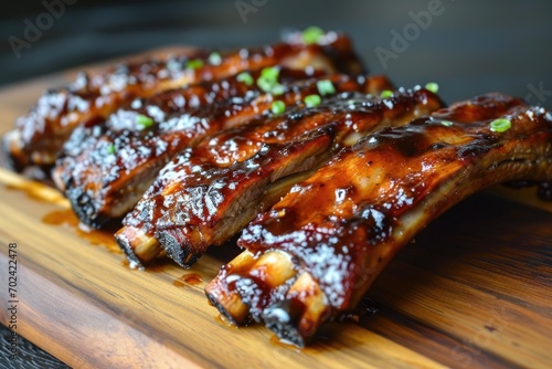 A succulent spread of various grilled ribs, from spicy babi panggang to sweet teriyaki and savory galbi, served on a rustic wooden platter, evoking the warmth and comfort of indoor barbecues and the  photo