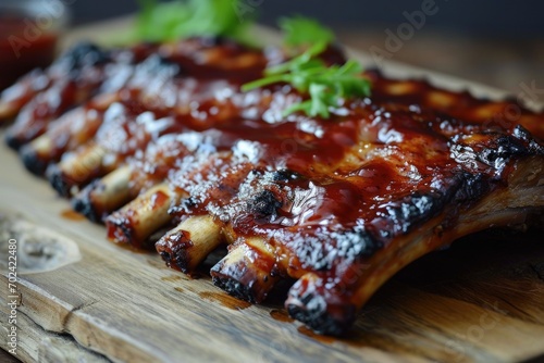 Indulge in the succulent flavors of traditional asian cuisine with this mouth-watering dish of teriyaki glazed spare ribs, served on a rustic wooden platter and topped with a rich, tangy barbecue sau