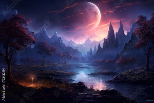 Beautiful purple and blue landscape background for presentation with the moon or planet © Denis