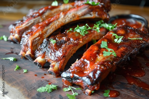 Succulent pork ribs, perfectly roasted and glazed with a mouth-watering blend of teriyaki and barbecue sauce, beckon with their vibrant red hue and promise of delicious cuisine photo