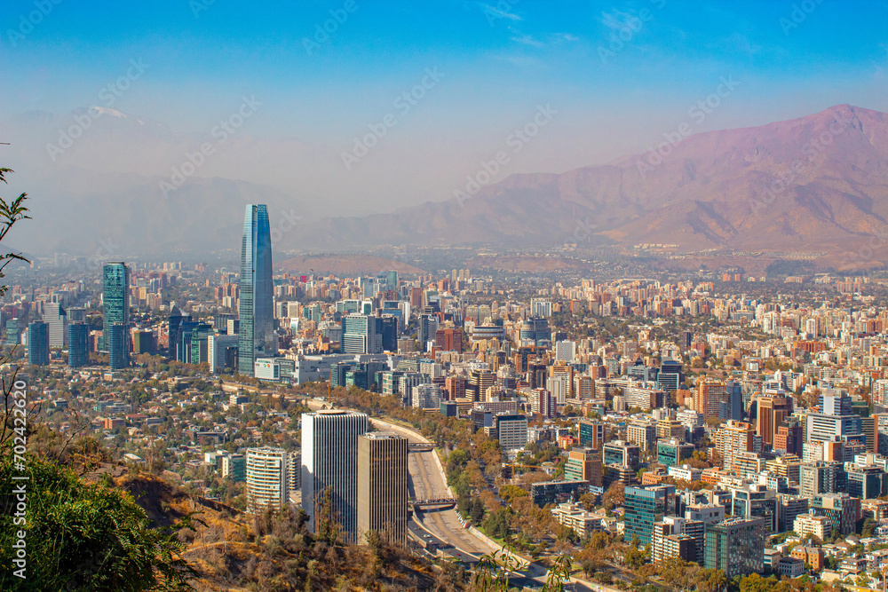 aerial view of the buildings of the economic area of Santiago de Chile and the Mapocho river