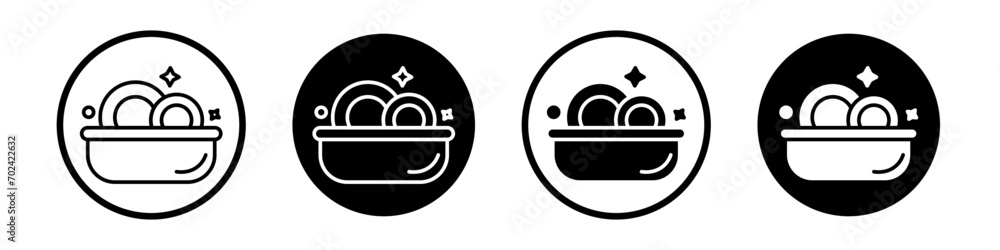 Plate washing icon set. Food dishwasher machine vector symbol in a black filled and outlined style. dish wash with water sign. - obrazy, fototapety, plakaty 
