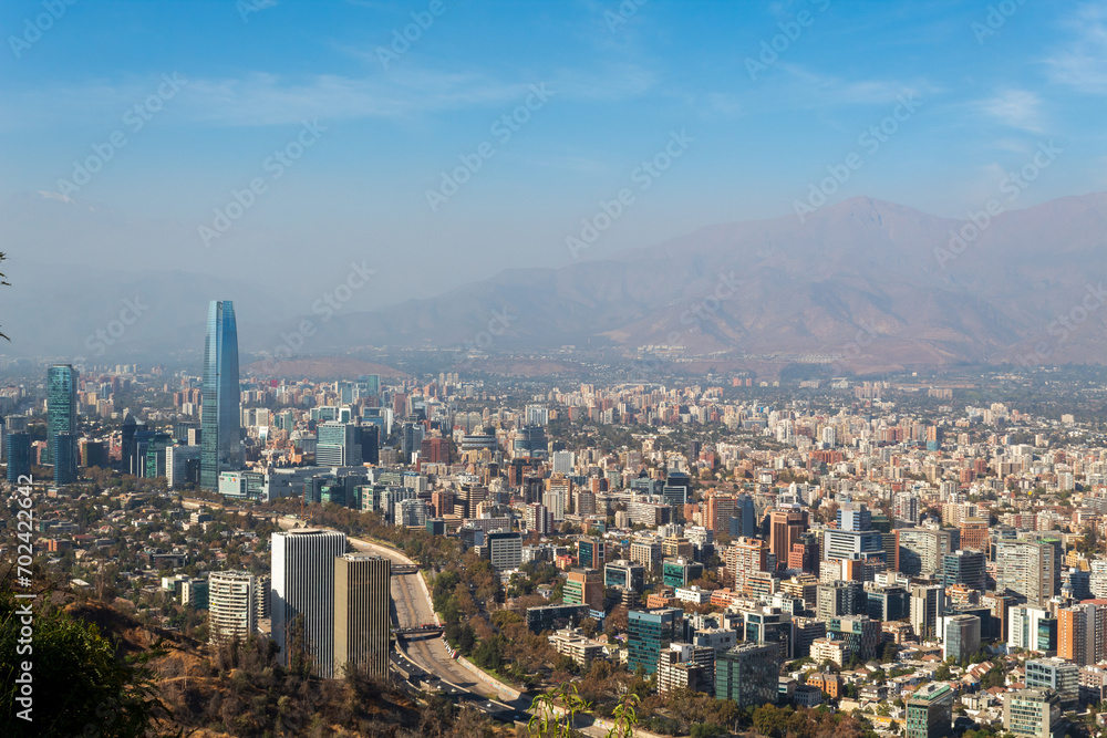aerial view Santiago Metropolitan Park Cable Car and Santiago aerial skyline Chile