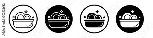 Plate washing icon set. Food dishwasher machine vector symbol in a black filled and outlined style. dish wash with water sign.