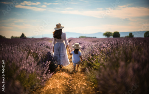 mother and daughter walk in a lavender field on a sunny day © ТаtyanaGG