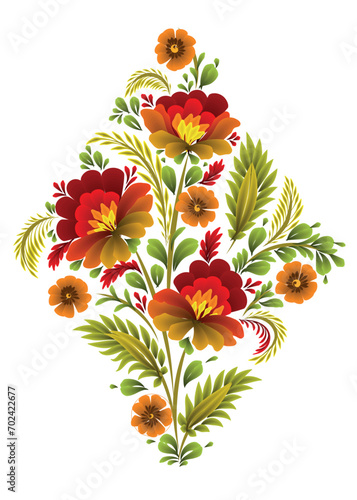 Hand-drawn floral painting isolated  Ukrainian folk art, traditional decorative painting style Petrykivka. Perfect print for cards, decor.
