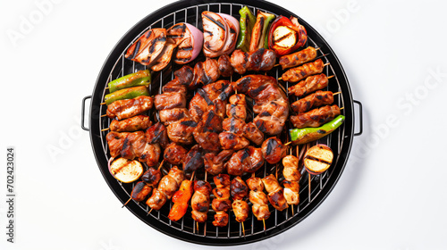 Round barbecue with grilled meats on a white background