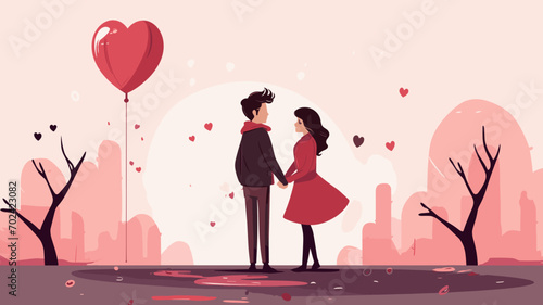 copy space, simple vector valentine cute girl and boy couple falling in love, simple handdrawn cartoon. Cute valentine card with young couple. Beautiful background or for valentine’s day. Beautiful ba