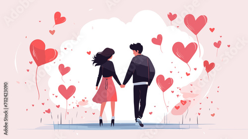 copy space  simple vector valentine cute girl and boy couple falling in love  simple handdrawn cartoon. Cute valentine card with young couple. Beautiful background or for valentine   s day. Beautiful ba