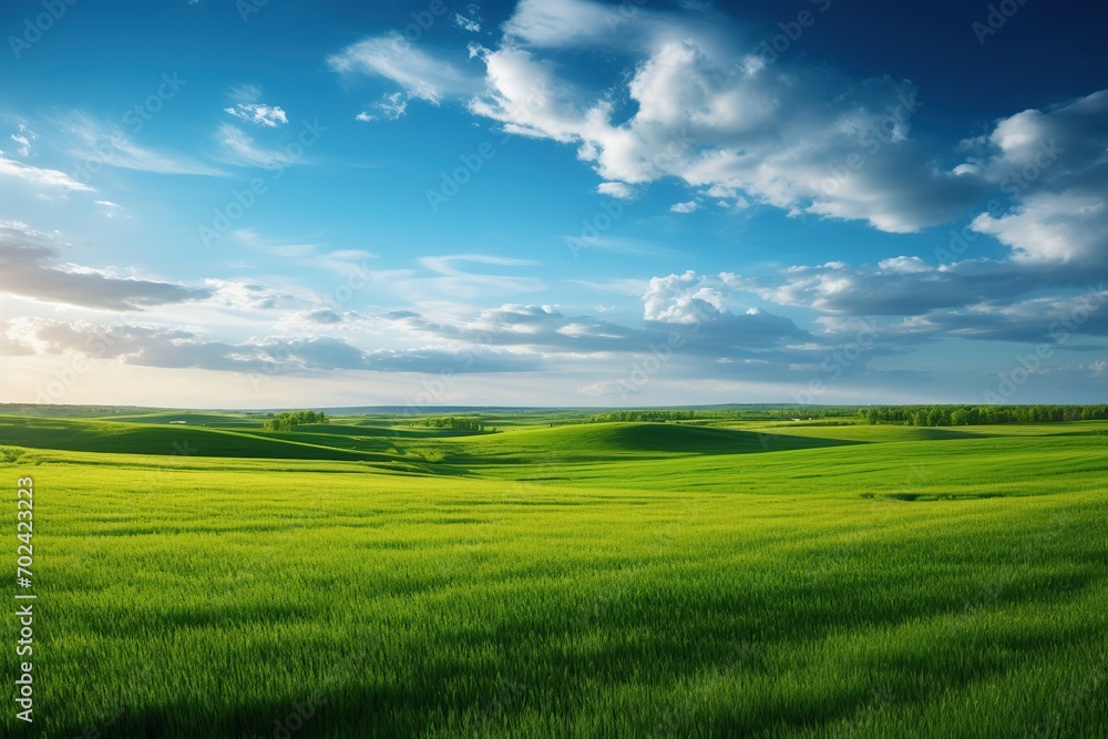 Obraz premium Green landscape field with blue sky background