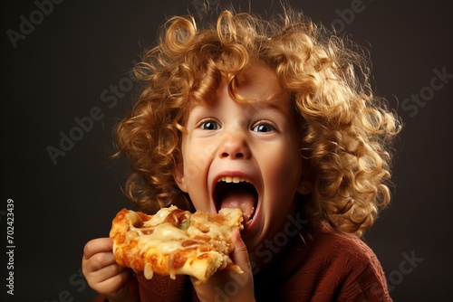 Smiling Little Boy Eating Delicious Pizza with Empty Copy Space for Text and Advertising Campaign photo