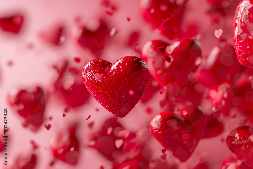 large red hearts floating on pink background and top view