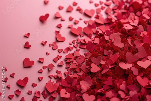 large field of small red hearts floating on pink background