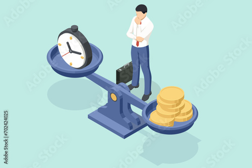 Isometric business concept of scales balance with alarm clock and money. Time is money concept