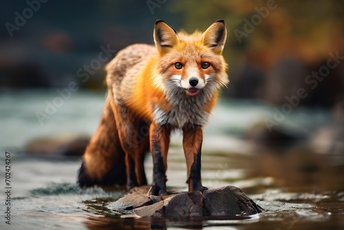 Beautiful red fox standing on a few stones over the water surface. Very focused on its prey. Pure natural wildlife photo. Ready to hunt. © Jamshed