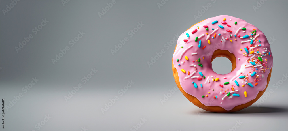 Rosquinha com cobertura de morando e confetes, em pé visto de lado, isolado em fundo cinza Rosquinha com cobertura de morando e confetes, em pé visto de lado, isolado em fundo cinza