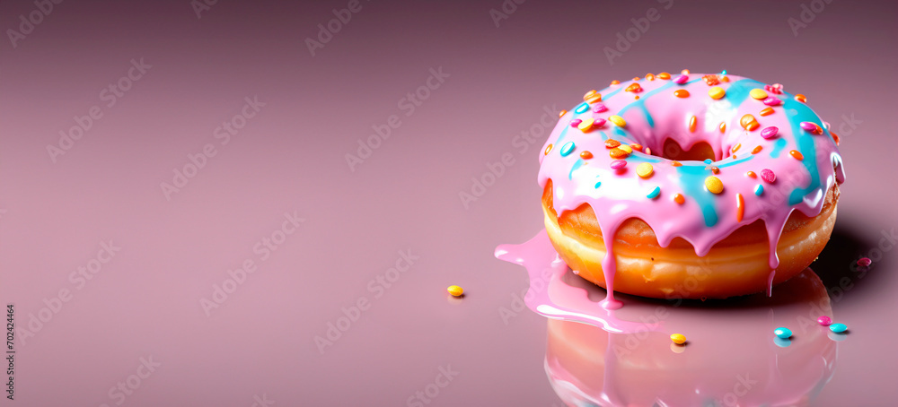 Rosquinha com cobertura de morango e confetes, visto de lado, isolado em superfície reflexiva rosa. Rosquinha com cobertura de morango e confetes, visto de lado, isolado em superfície reflexiva rosa.