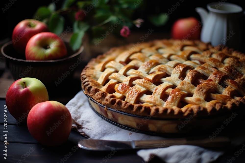 Apple pie with cinnamon and apples on a dark rustic background. Apple pie with cinnamon and apples on a dark rustic background.