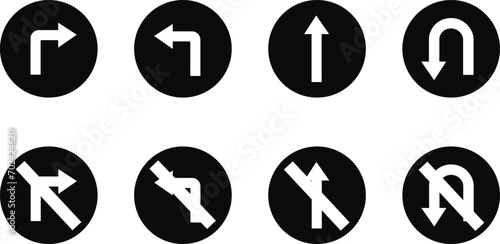 road sign icon in Flat, outline different style set isolated on transparent background. Bended arrow, turning, zig zag, crossroads navigation arrows. Driving direction mark, vector for apps, web